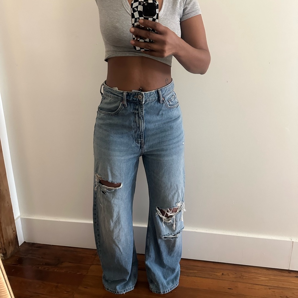 Zara Light Blue Distressed Wide Leg Jeans